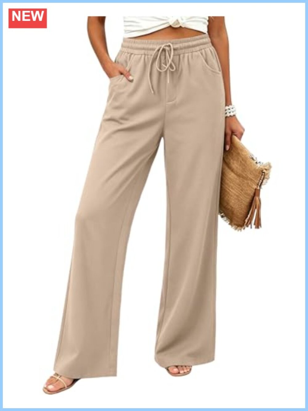 Flowy Palazzo Wide Leg Pants with Pockets Drawstring Elastic Waist